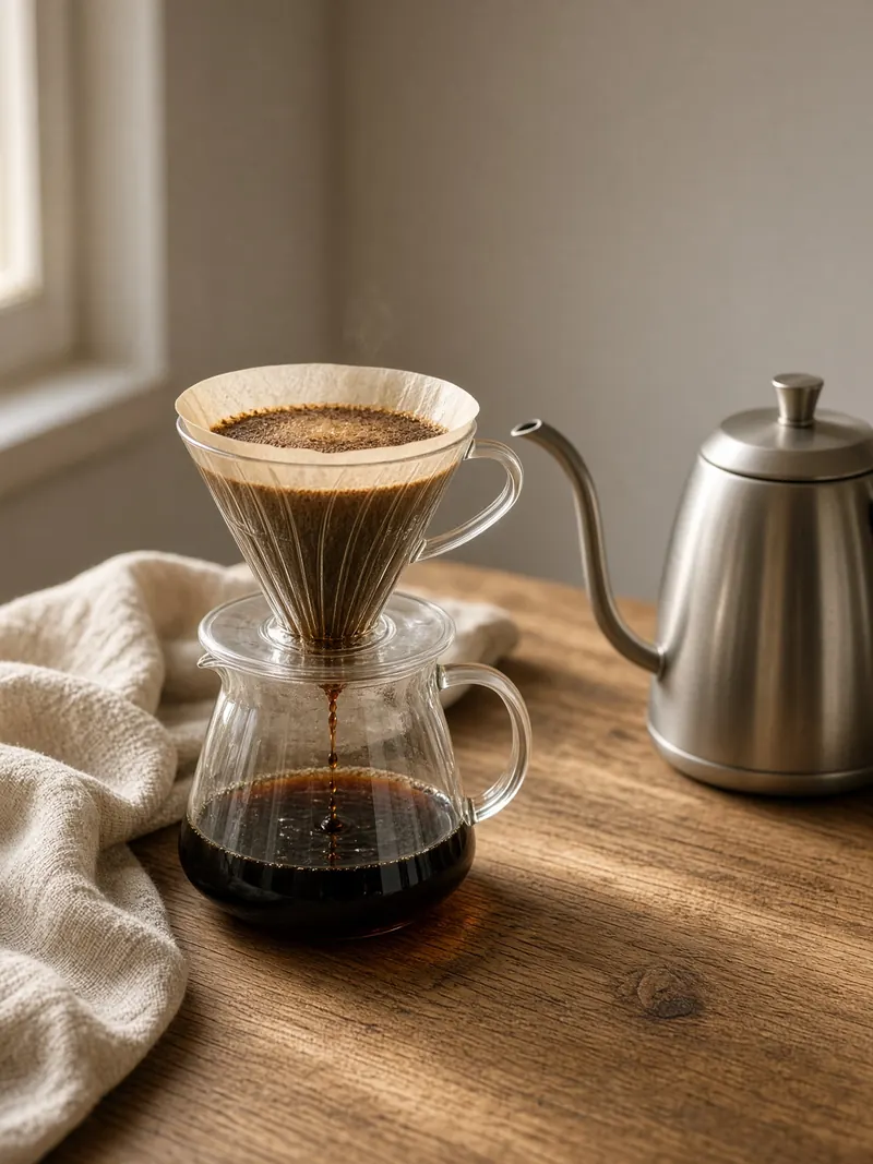 A glass V60 dripper brewing on a glass server, with a gooseneck kettle beside it.
