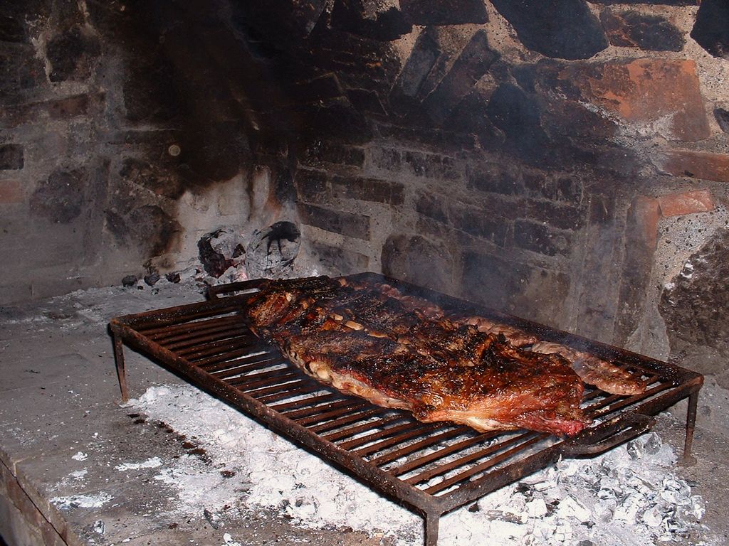 Meat cooking on a steel grill grate over a bed of embers in a stone hearth