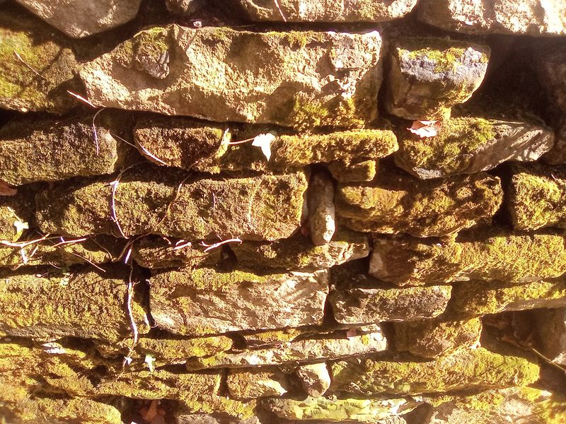 Close view of rough brown and grey stones laid in courses in a dry wall