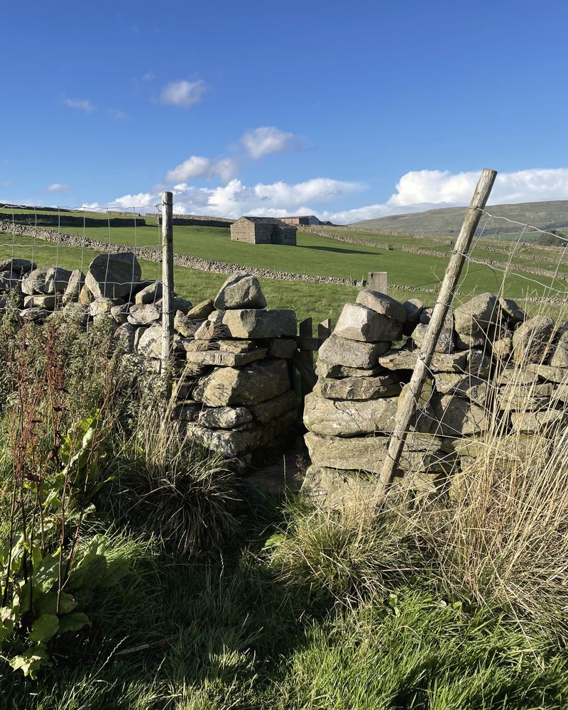 A gap in a dry-stone wall opening onto a green field and blue sky