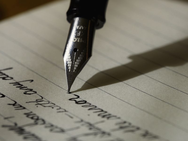 A fountain pen writing a line of script on a lined page