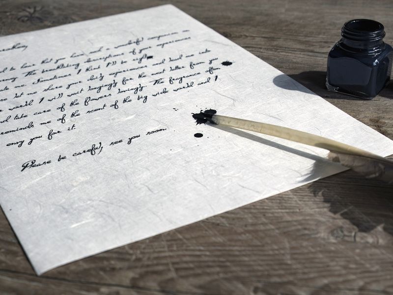 A handwritten letter on a wooden table beside a quill pen and an inkwell