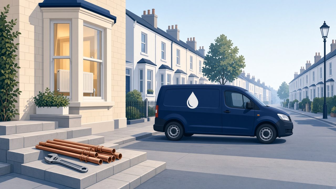Illustrated Fixwell van outside a terraced house at morning