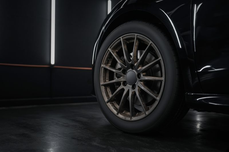 Grimy unbranded alloy wheel caked with brake dust