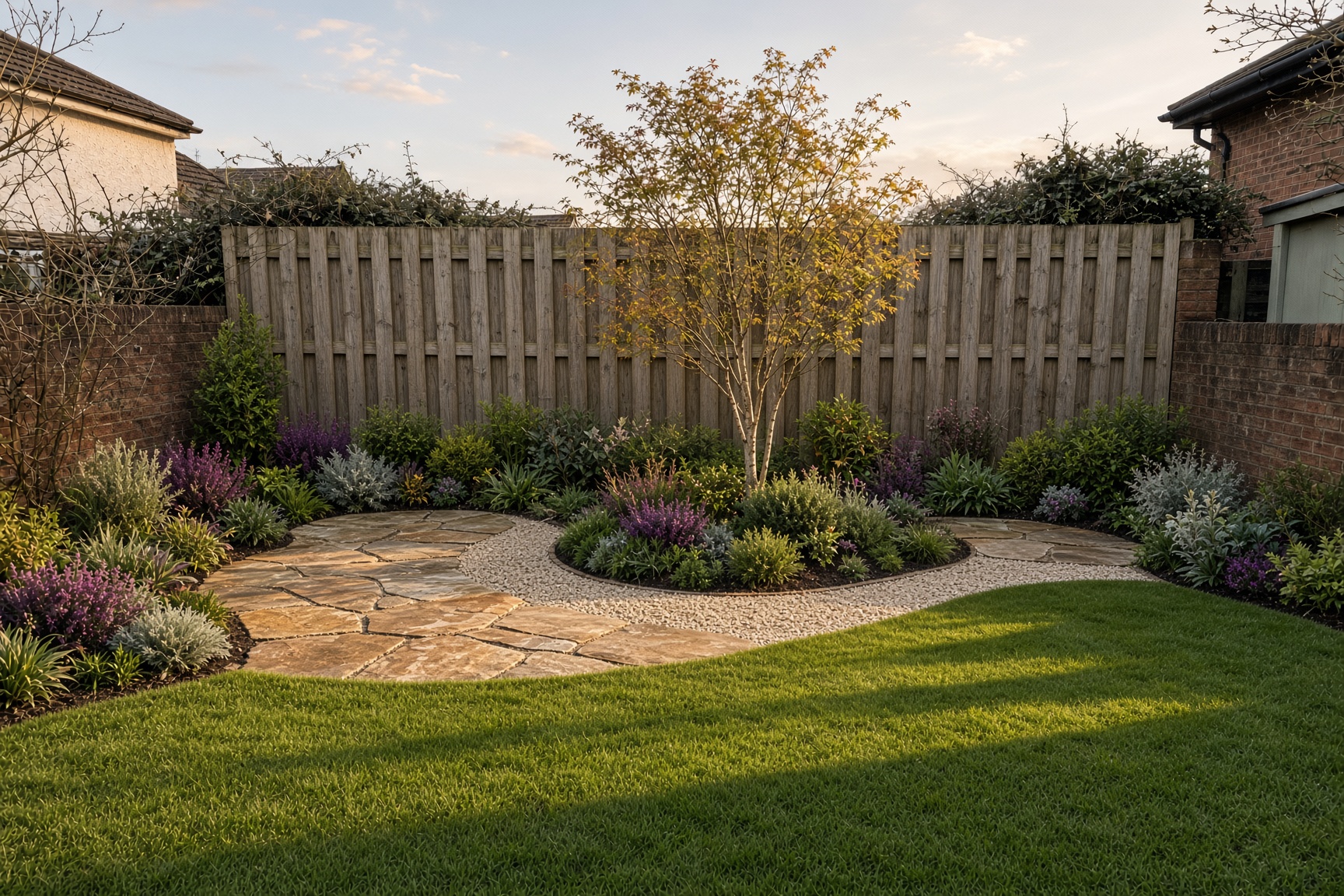 The same yard after landscaping, with a stone terrace, lawn and new shrubs