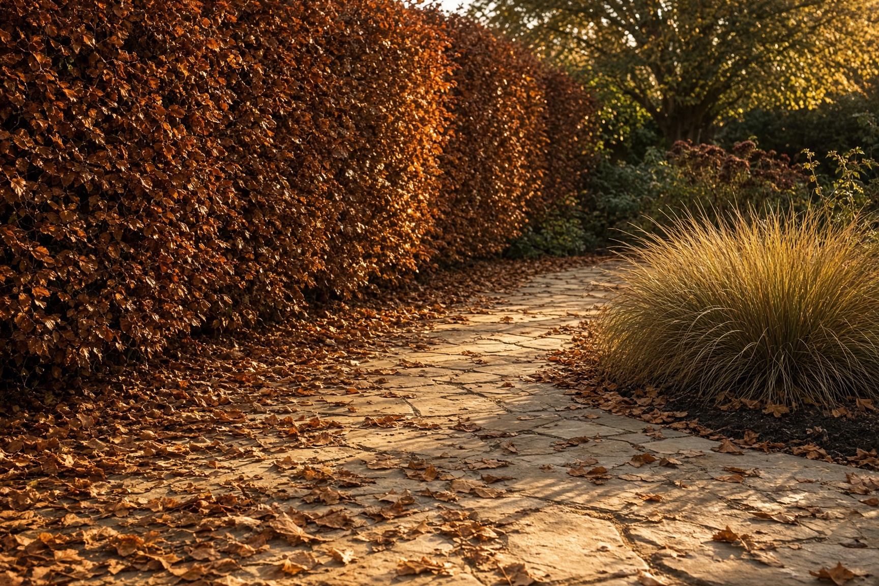 Autumn leaves on a stone garden path