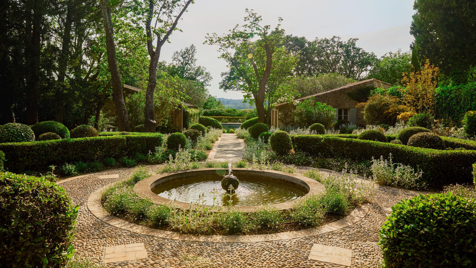 Courtyard with a circular stone basin