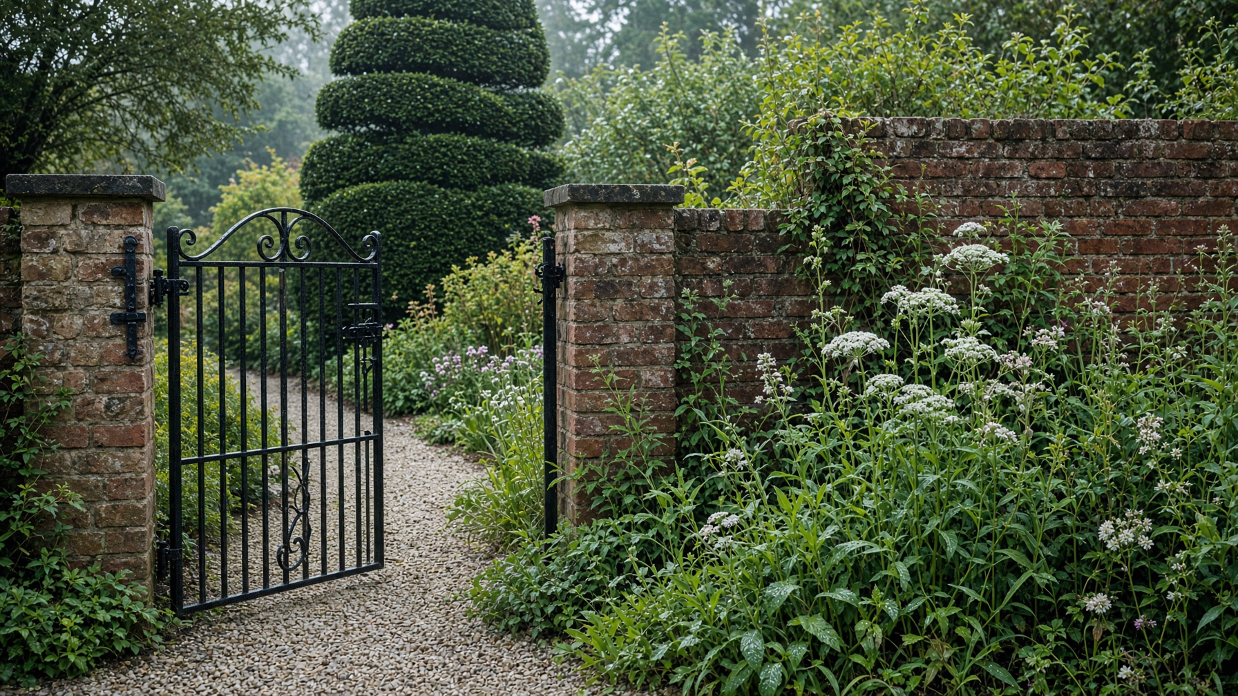 An iron gate opening onto a green garden