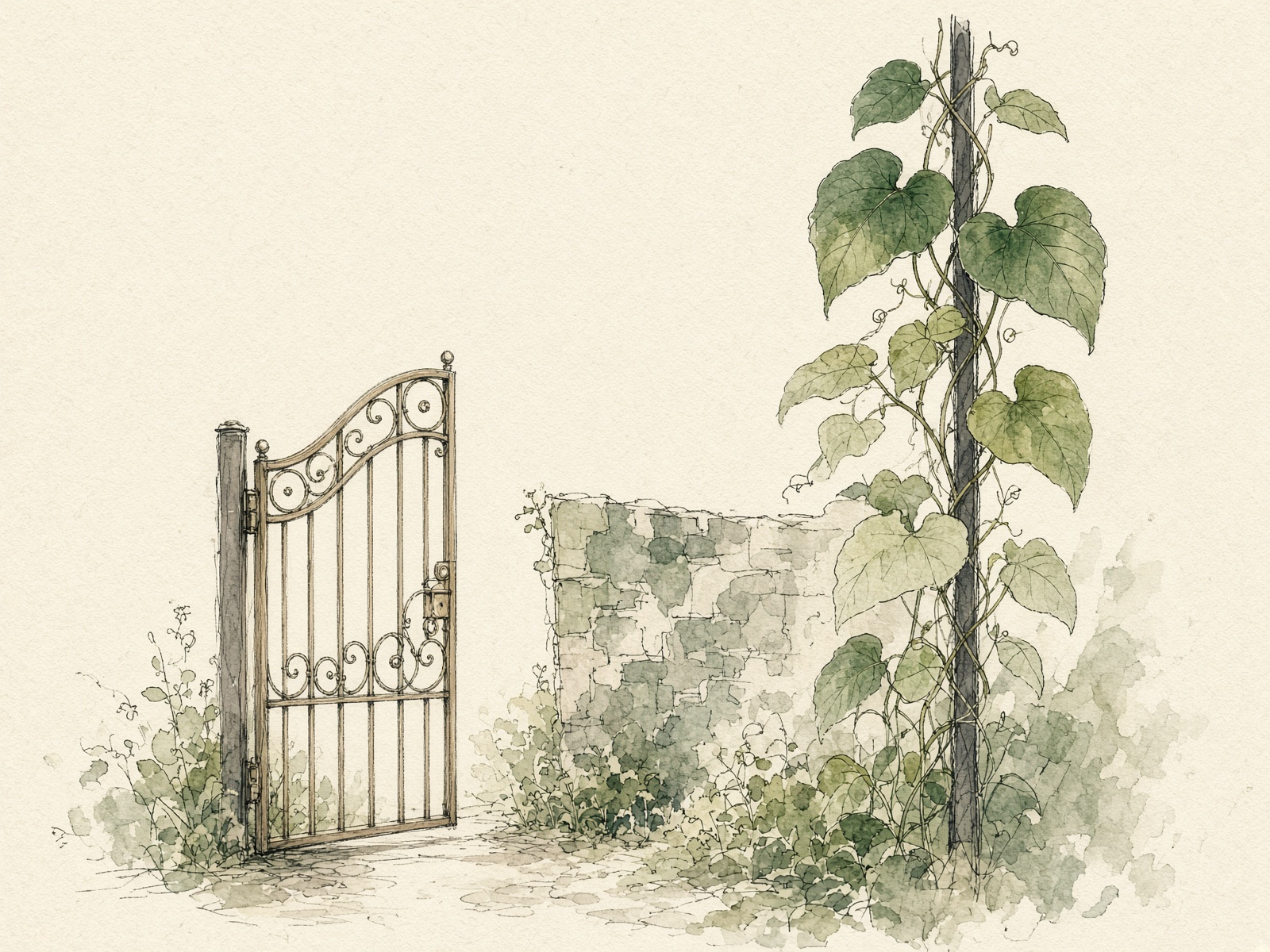Botanical illustration of an iron garden gate and a single climbing leaf on cream paper