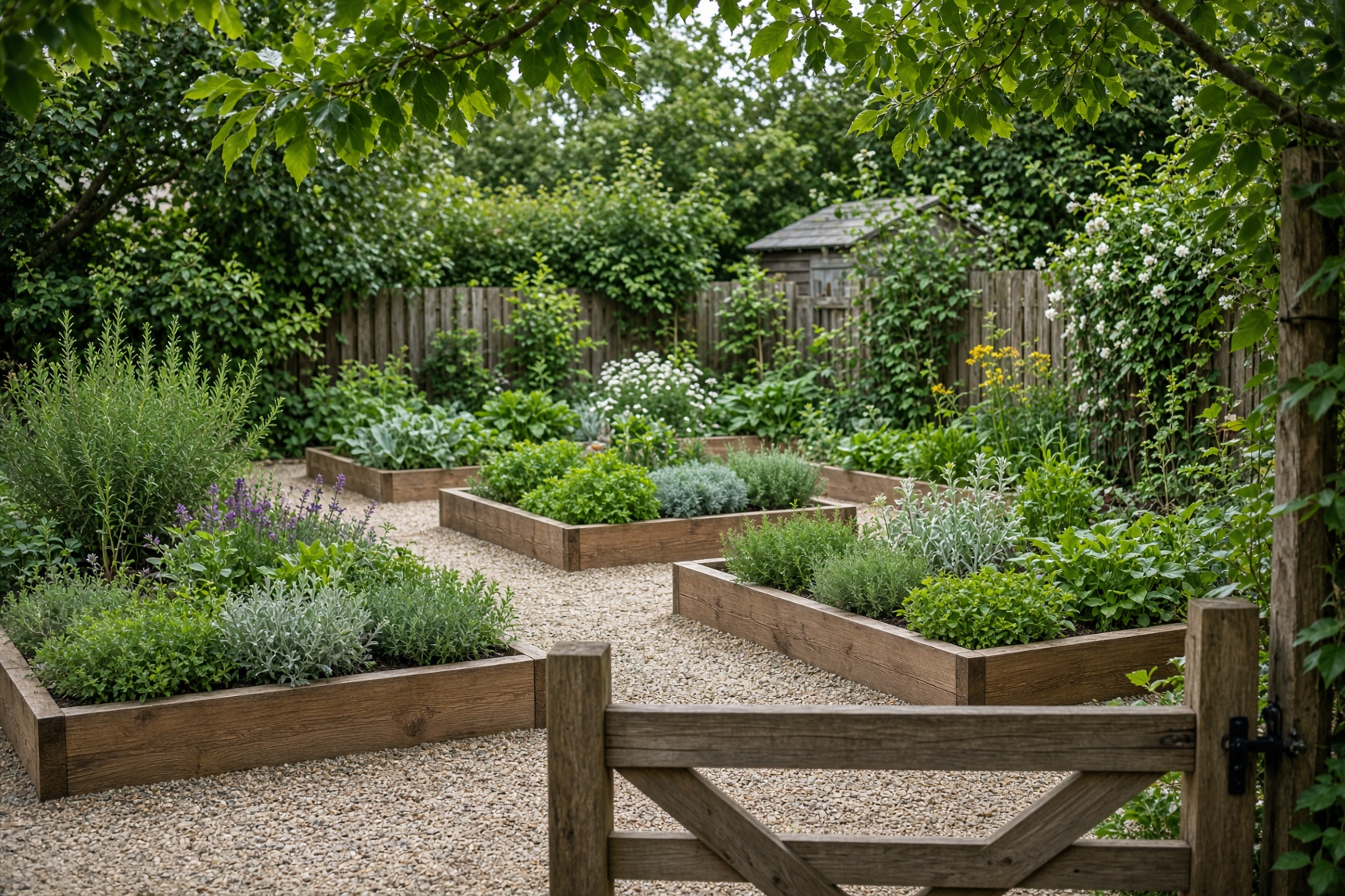A kitchen garden with raised beds and a timber gate
