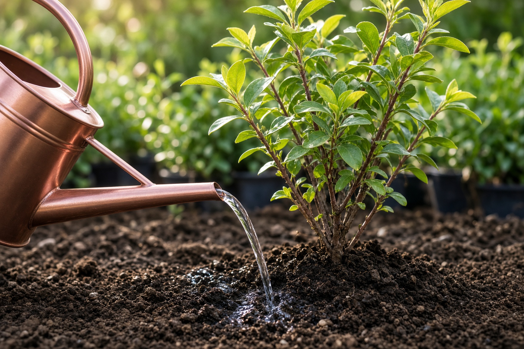 Water poured at the base of a young shrub