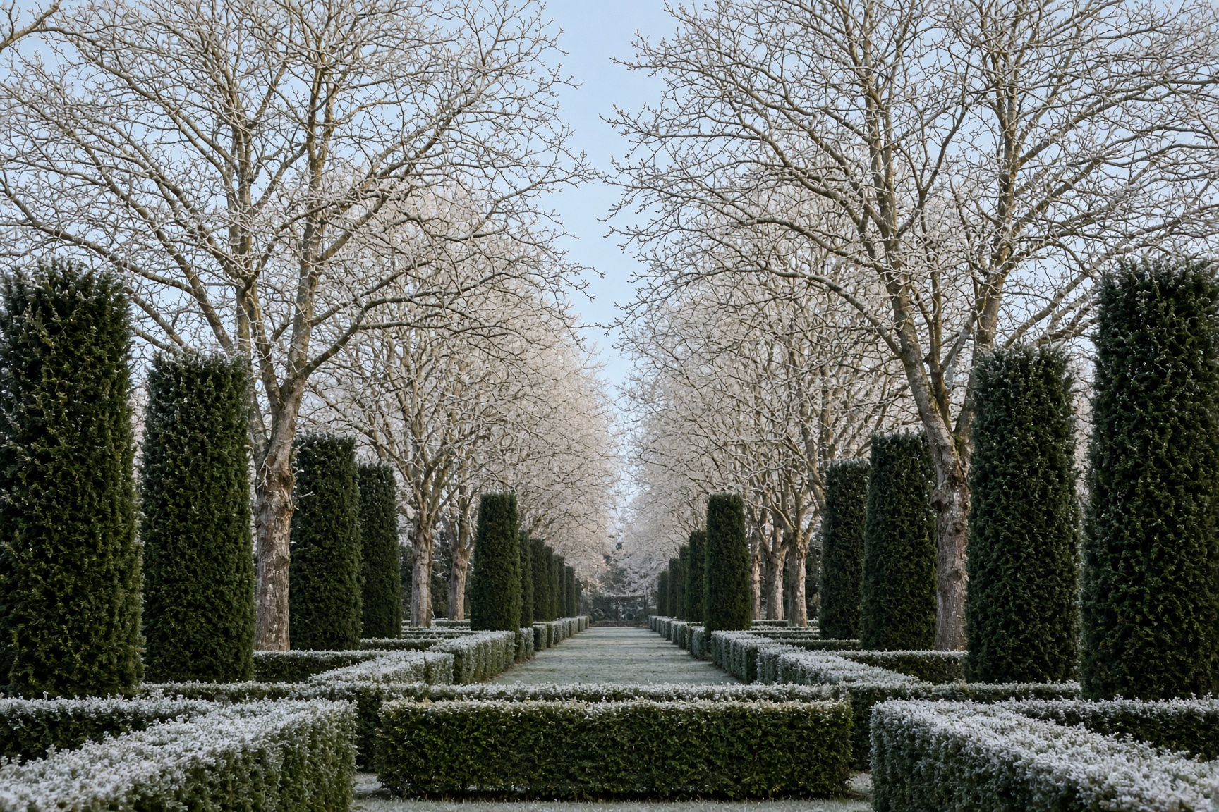 Frost on clipped yew in winter