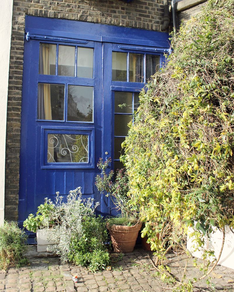 A small house with a blue door and climbing plants in a London mews