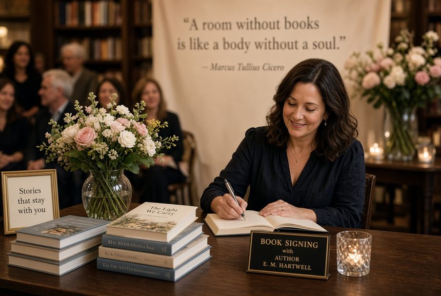 An author signing books at a table with flowers