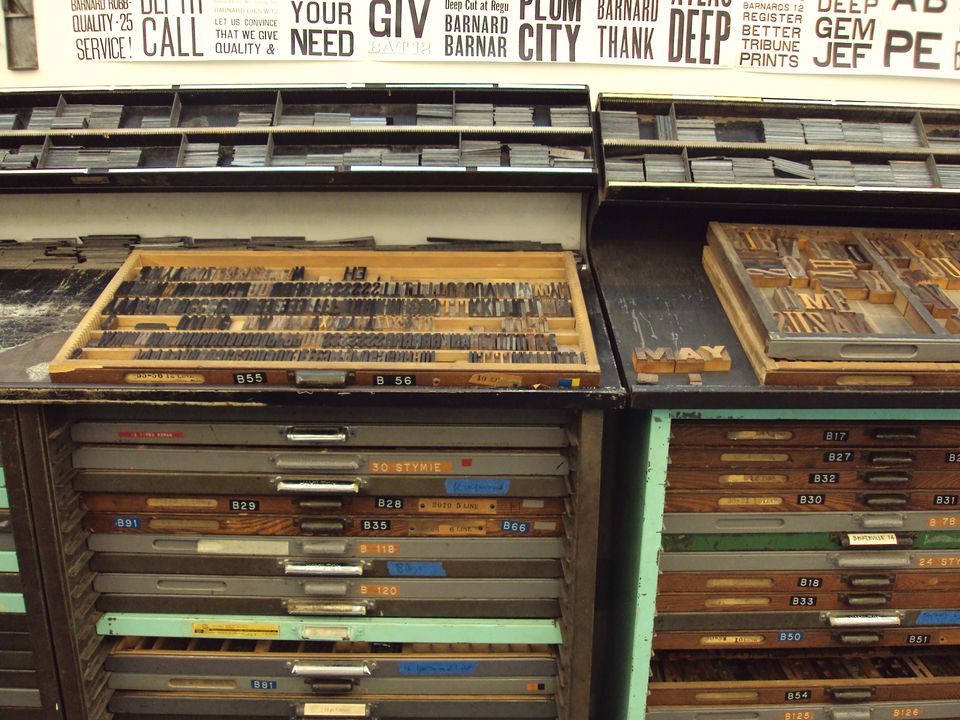 Letterpress type cases, drawers pulled open