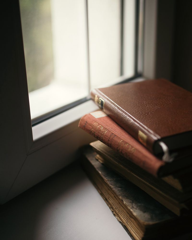 A stack of old books on a window sill in soft daylight