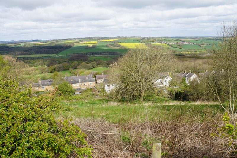 Green hillside with hedgerows and a village in the valley below