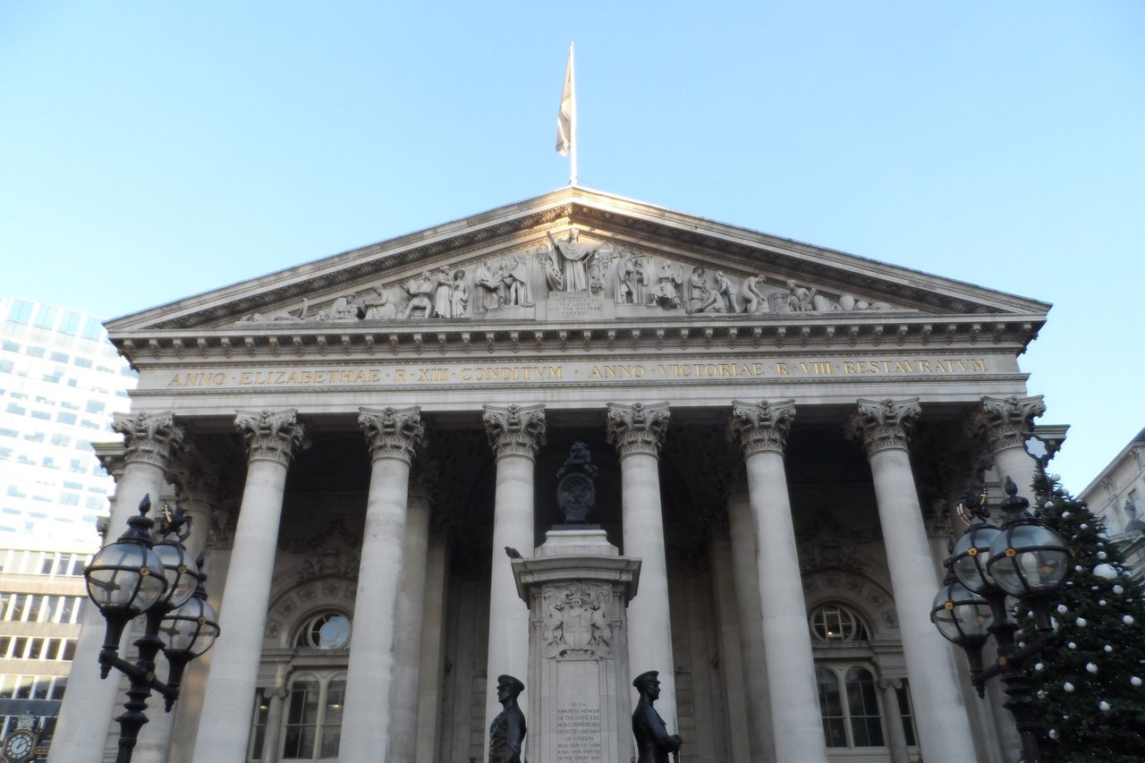 The columned stone portico of the Royal Exchange in London