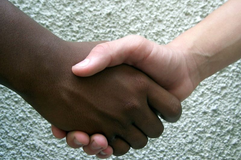Two hands meeting in a handshake against a pale textured wall