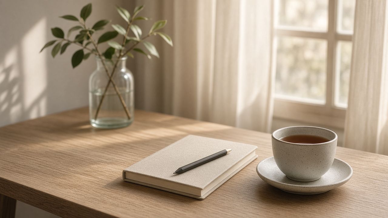 A linen notebook, pencil, and cup of tea on a sunlit oak desk.