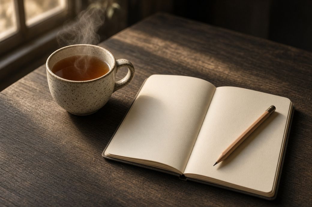 A speckled cup of tea beside a blank open notebook and a pencil in late light.