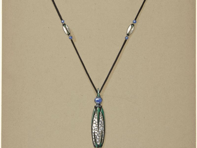 A pencil drawing of a pendant necklace design on pale paper