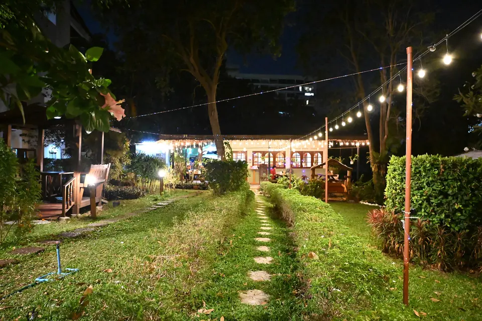 A garden path at night lined with strings of small warm lights