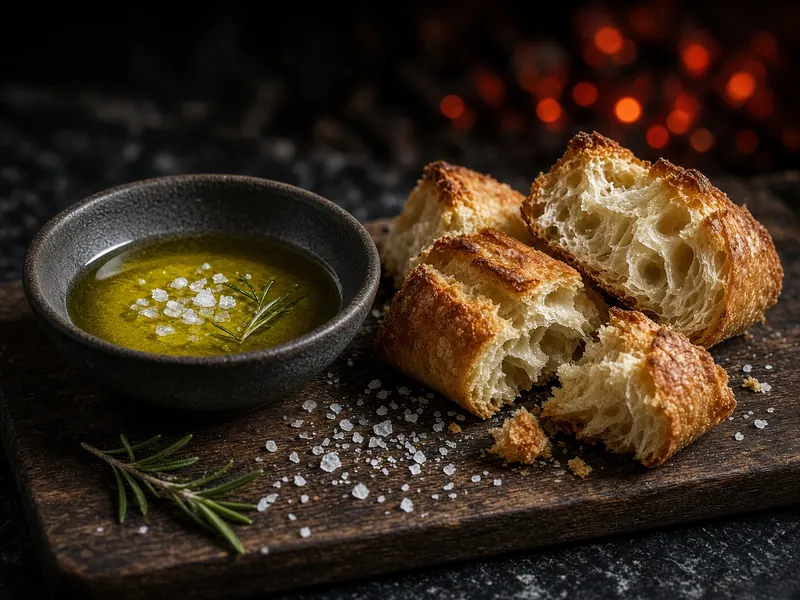 Torn warm bread beside a bowl of green olive oil