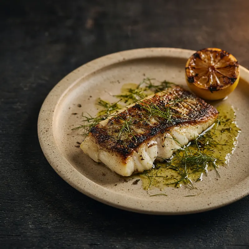 Wood-fired fish with charred lemon and olive oil on a bone ceramic plate