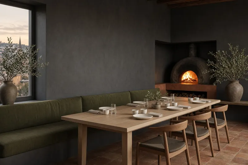 Dining room with olive banquettes and the wood oven glowing