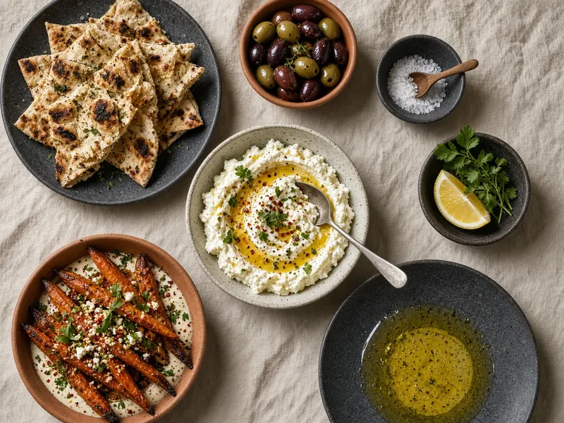 Mezze: whipped feta, charred flatbread, olives and roasted carrots