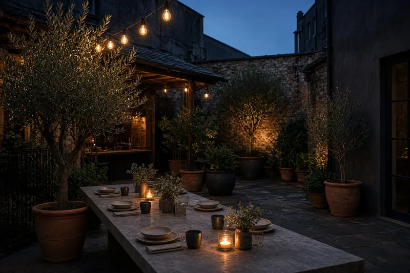 Evening courtyard terrace with olive trees and a long set table