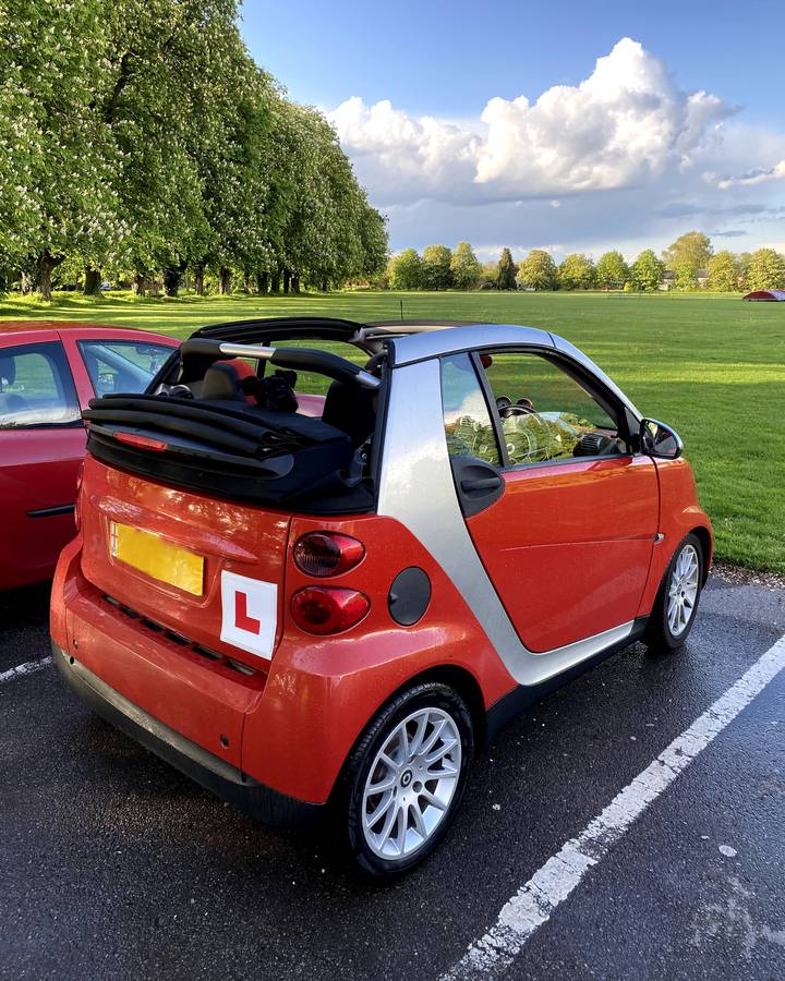 The back of a small red car with an L plate, parked in a car park beside a row of tall trees.