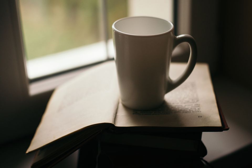A white mug resting on open books beside a bright window