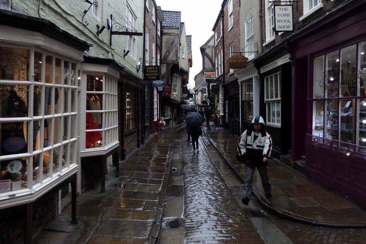 The narrow street of old timber-framed shops on the Shambles in York