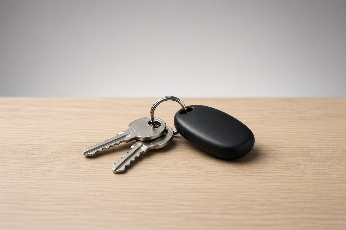 Unmarked car keys on a light wooden desk