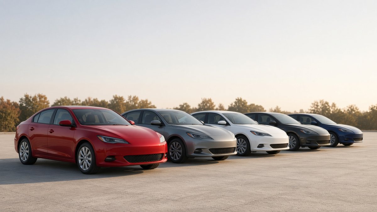 A row of generic cars on a quiet forecourt in warm evening light