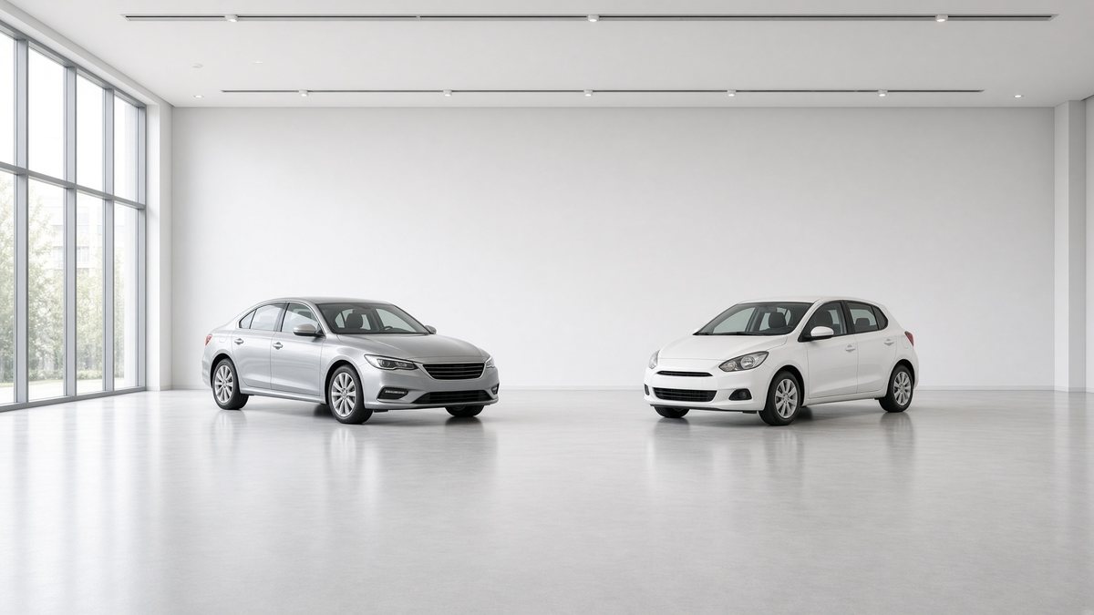 A bright empty showroom with two generic cars and a pale floor