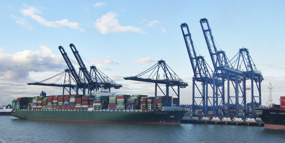 Container ship under the cranes at the Port of Felixstowe