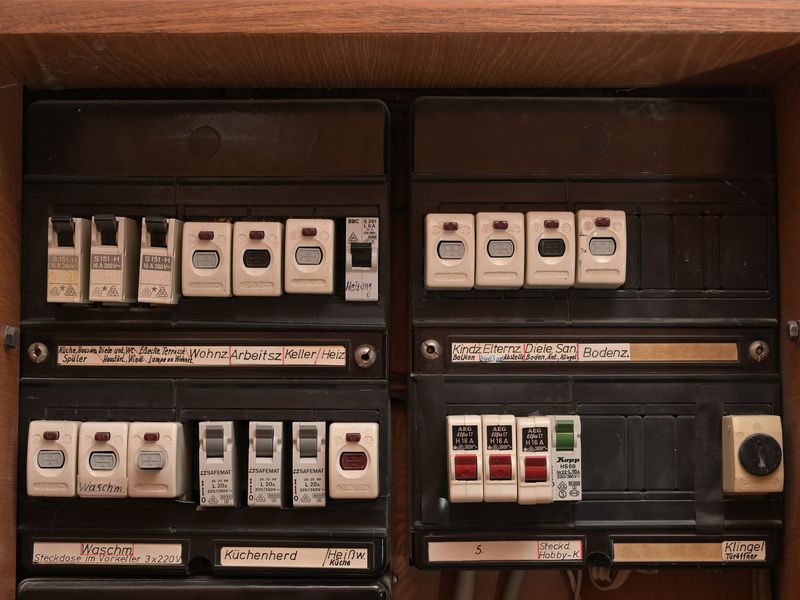 A 1960s wooden distribution board holding a mix of old fuses and early breakers