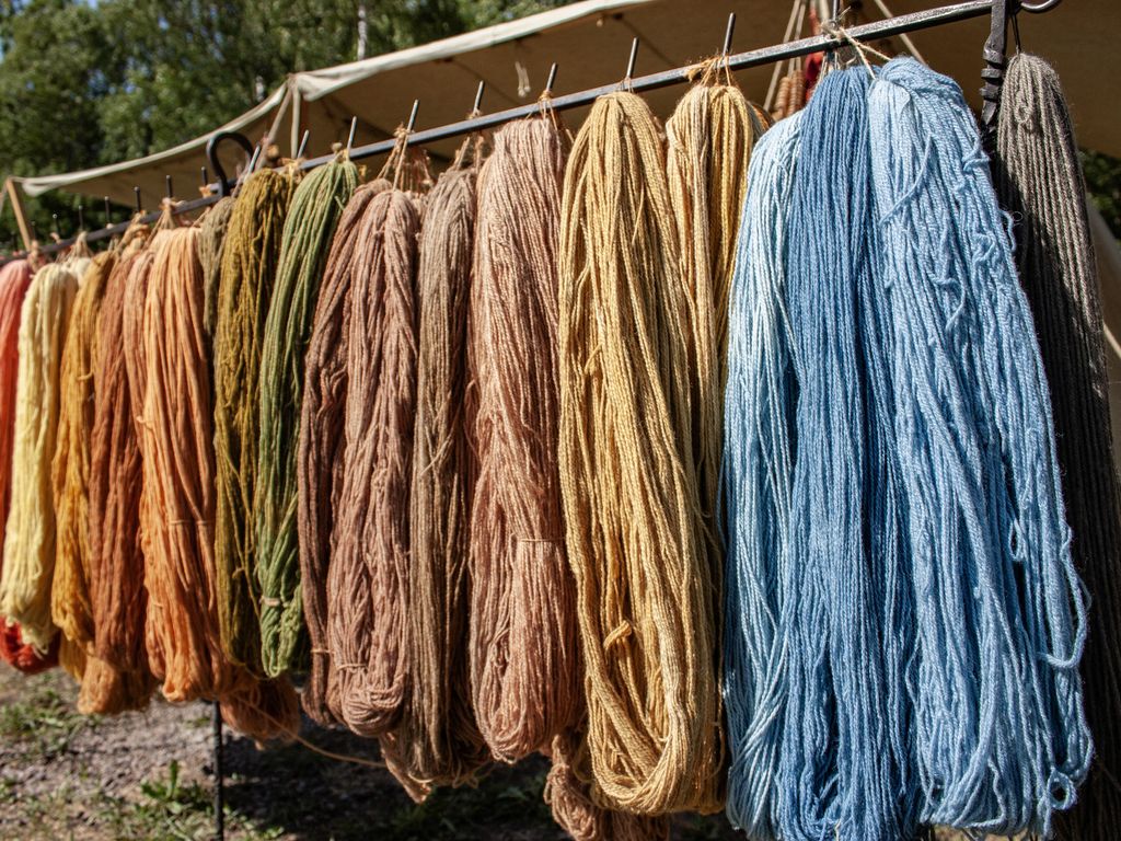 Plant-dyed hanks of yarn hanging in a row, from rust and gold through green to pale blue