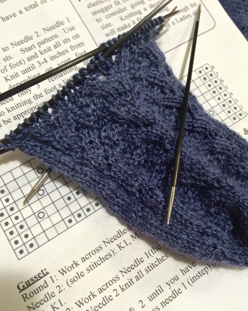 A navy lace sock on double-pointed needles over a printed pattern
