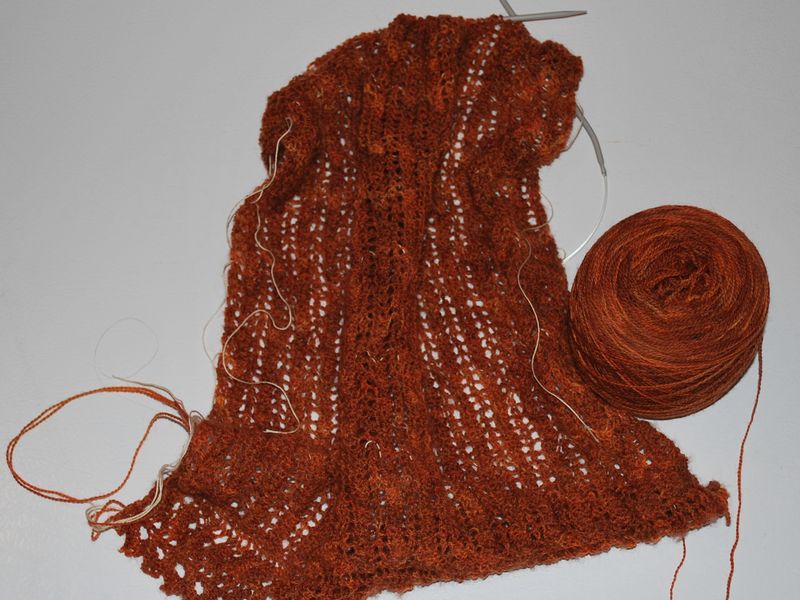 A rust lace shawl on circular needles beside its ball of yarn