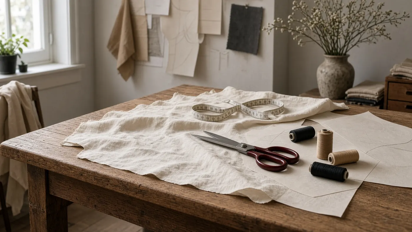 The Solenne studio: a cutting table with rolls of cloth beneath tall windows.