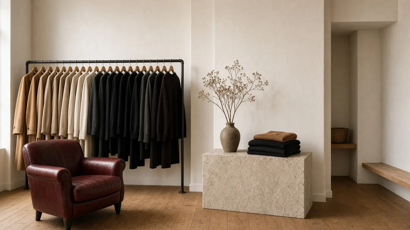 Inside the Marylebone shop: a short rail of knitwear and coats in daylight.