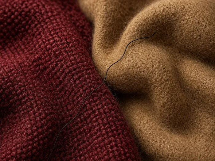 Close view of ribbed oxblood merino beside camel wool.
