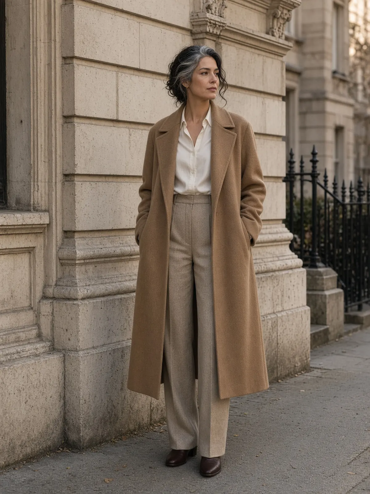 A camel wool walker coat worn over a knit against a limestone facade.