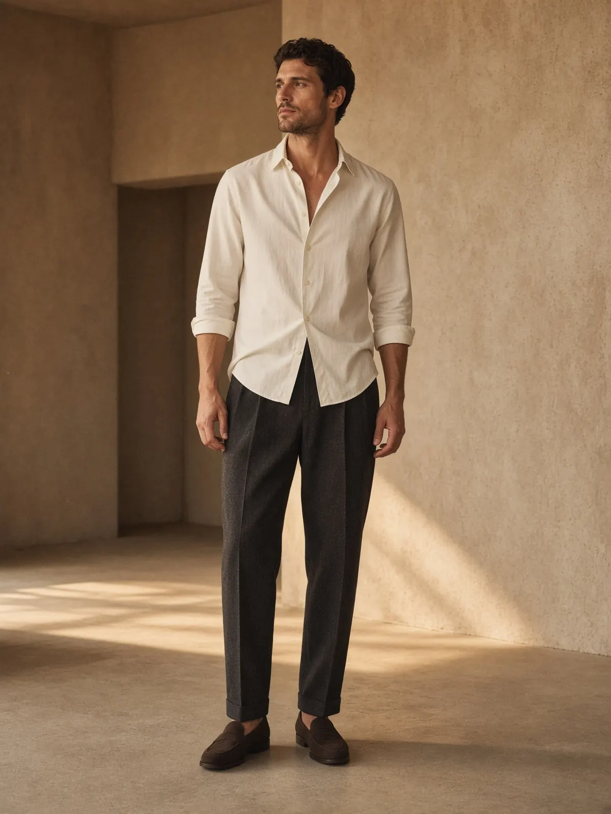 Ivory oxford shirt and charcoal pleated trousers in a warm studio.