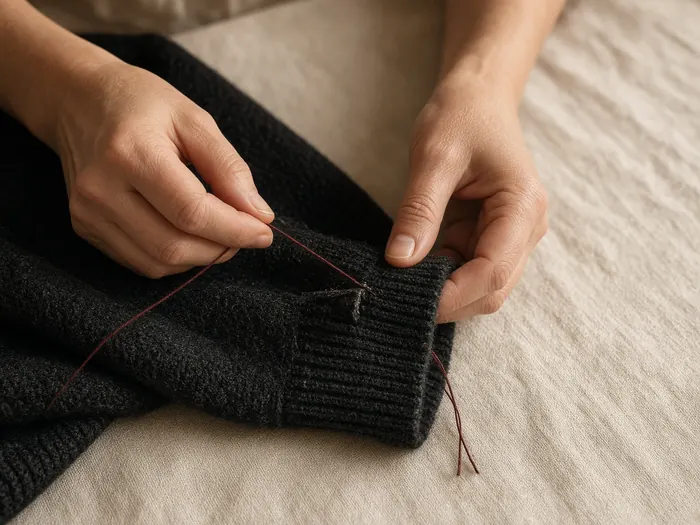 Hands mending a black wool cuff with oxblood thread.