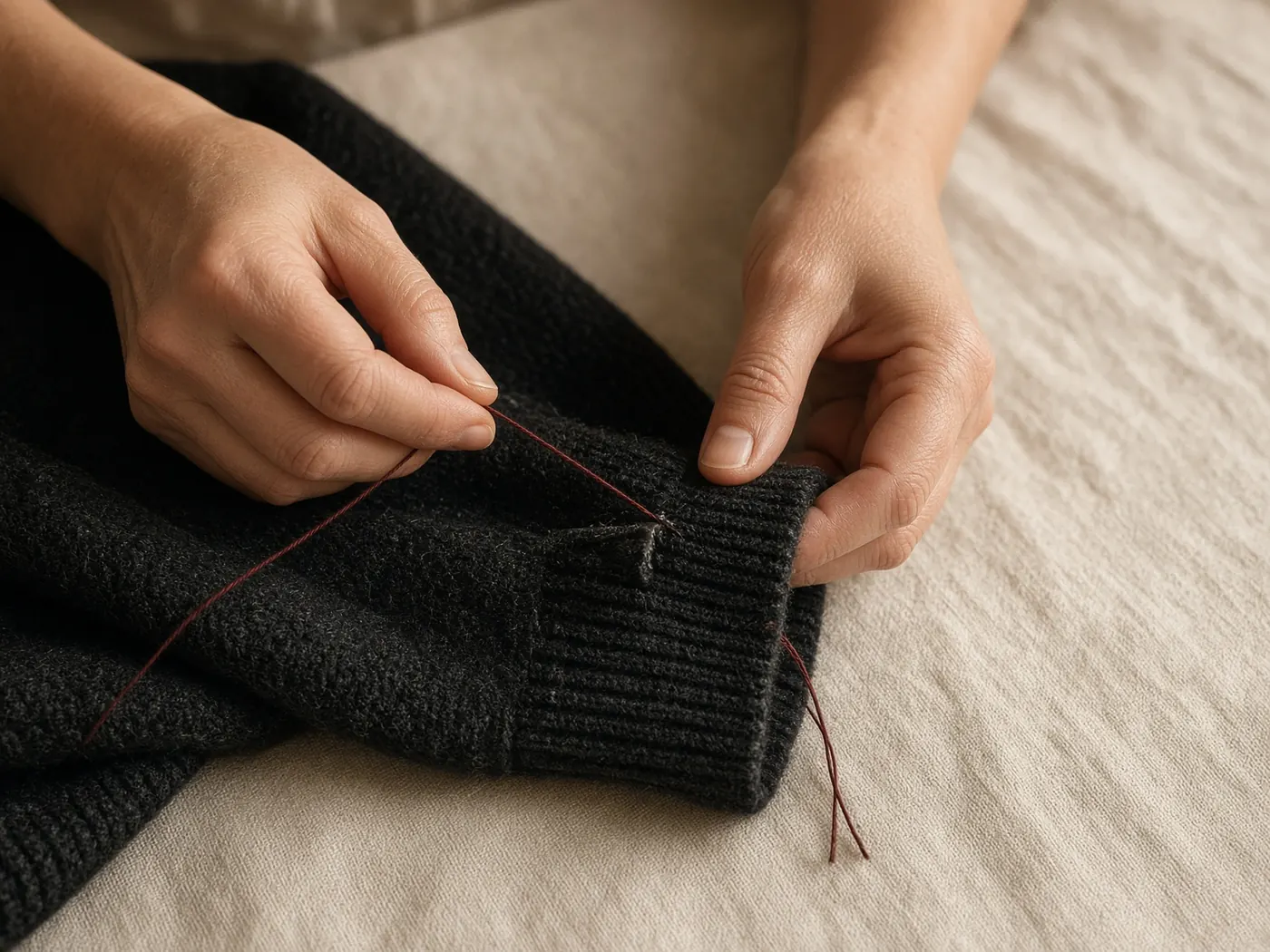 Hands mending a black wool cuff with oxblood thread.